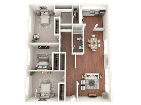 Floor plan for 3 beds, 2 baths, 1391 sqft