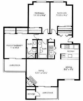 Floor plan for 3 beds, 2 baths, 1200 sqft