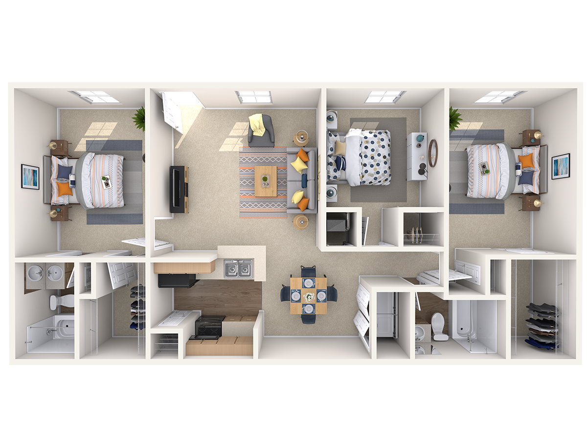 Floor plan for 3 beds, 2 baths, 1176 sqft