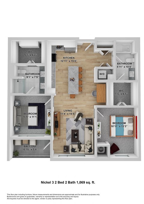 Floor plan for 2 beds, 2 baths, 1069 sqft