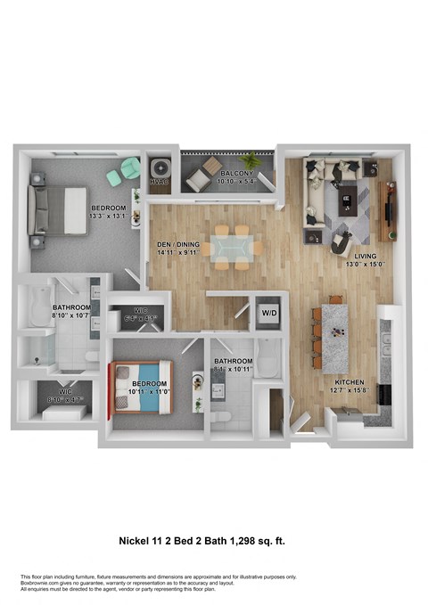 Floor plan for 2 beds, 2 baths, 1298 sqft