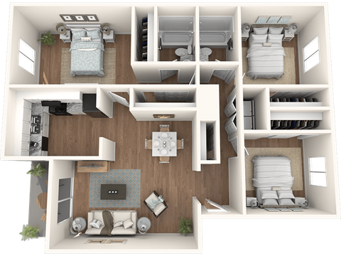 Floor plan for 3 beds, 2 baths, 1350 sqft