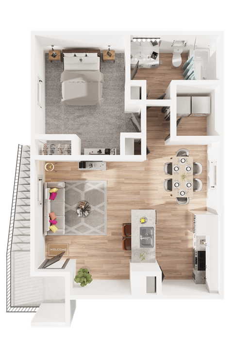 Floor plan for 1 bed, 1 bath, 644 sqft