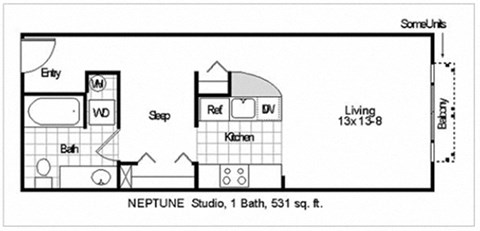 Floor plan for studio, 1 bath, 531 sqft