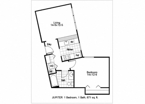 Floor plan for 1 bed, 1 bath, 671 sqft
