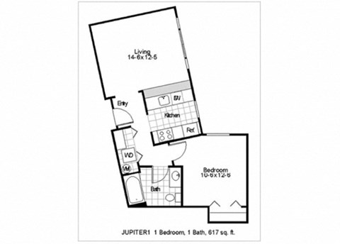 Floor plan for 1 bed, 1 bath, 617 sqft