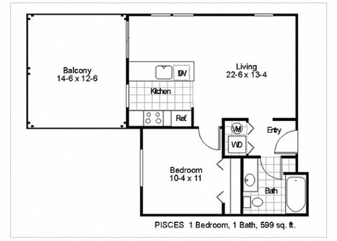 Floor plan for 1 bed, 1 bath, 599 sqft