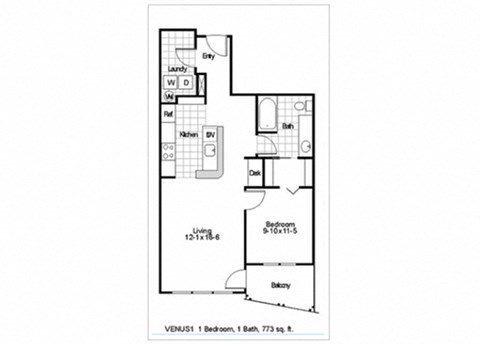 Floor plan for 1 bed, 1 bath, 773 sqft
