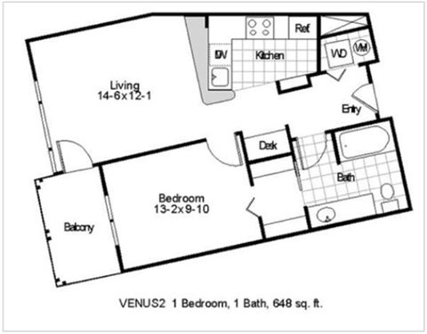 Floor plan for 1 bed, 1 bath, 648 sqft