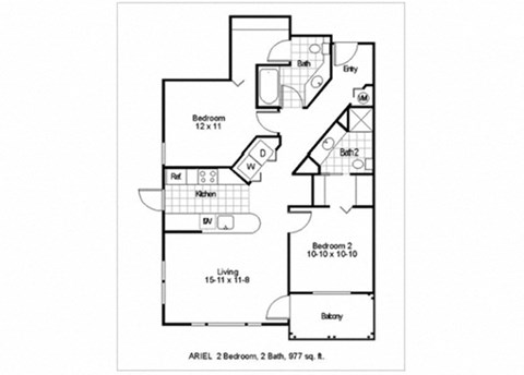 Floor plan for 2 beds, 2 baths, 977 sqft