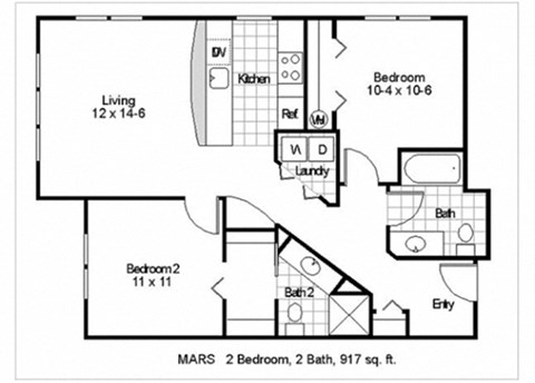 Floor plan for 2 beds, 2 baths, 917 sqft