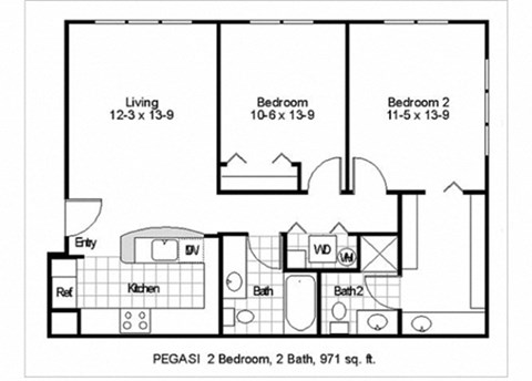 Floor plan for 2 beds, 2 baths, 971 sqft