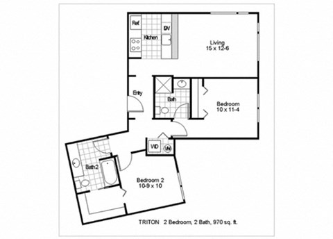 Floor plan for 2 beds, 2 baths, 970 sqft