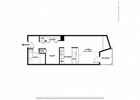 Floor plan for studio, 1 bath, 537 sqft