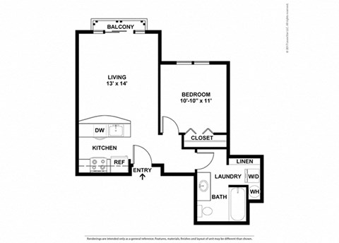 Floor plan for 1 bed, 1 bath, 637 sqft