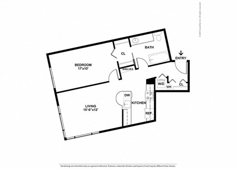 Floor plan for 1 bed, 1 bath, 715 sqft