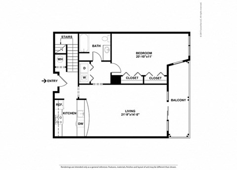 Floor plan for 1 bed, 1 bath, 1046 sqft