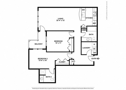 Floor plan for 2 beds, 2 baths, 985 sqft