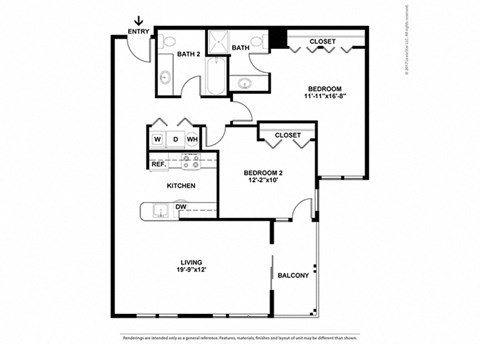 Floor plan for 2 beds, 2 baths, 1023 sqft