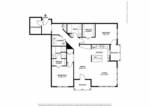 Floor plan for 2 beds, 2 baths, 1358 sqft