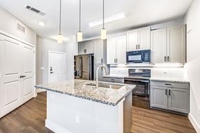 Lewisville apartment for rent - a kitchen with white cabinets and a marble counter top