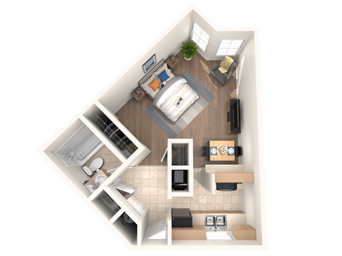 Floor plan for 1 bed, 1 bath, 501 sqft