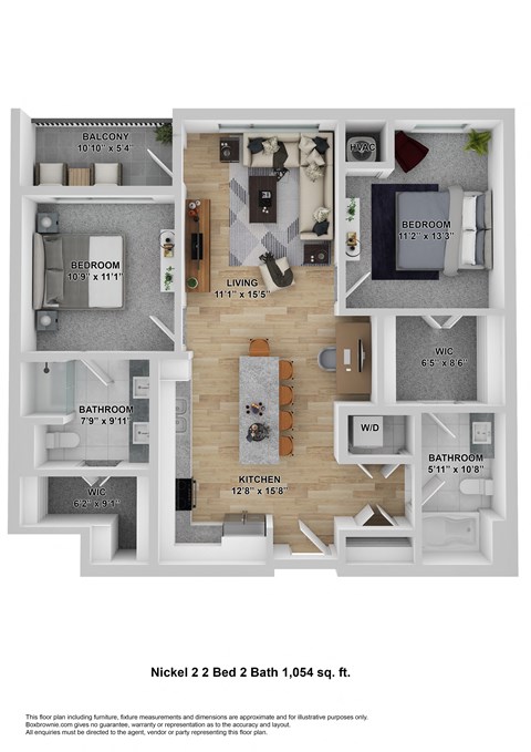 Floor plan for 2 beds, 2 baths, 1054 sqft