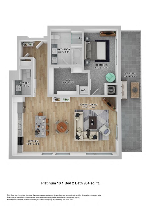 Floor plan for 1 bed, 2 baths, 984 sqft