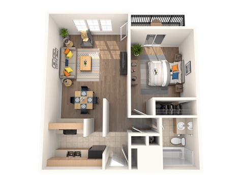 Floor plan for 1 bed, 1 bath, 640 sqft