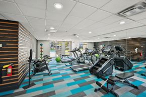 Marietta apartment for rent - Apartment complex fitness center with treadmills, stair climbers, exercise bikes, and colorful flooring.