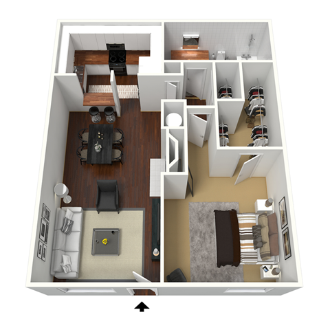 Floor plan for 1 bed, 1 bath, 670 sqft
