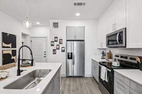 Celina apartment for rent - A modern kitchen with a stainless steel refrigerator and black oven.