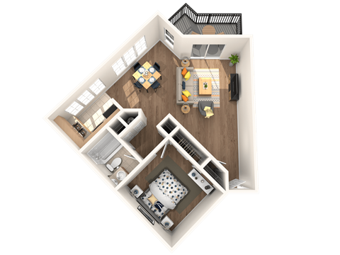 Floor plan for 1 bed, 1 bath, 735 sqft