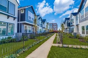 Houston townhouse for rent - Houses for Rent in Houston, TX - East Heights - Exterior View of Apartment Homes with Fences, Manicured Grass Yards, Concrete Walking Path, and Trees.