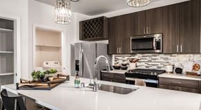Henderson apartment for rent - A modern kitchen with dark wood cabinets and white countertops.