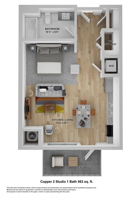 Floor plan for studio, 1 bath, 563 sqft