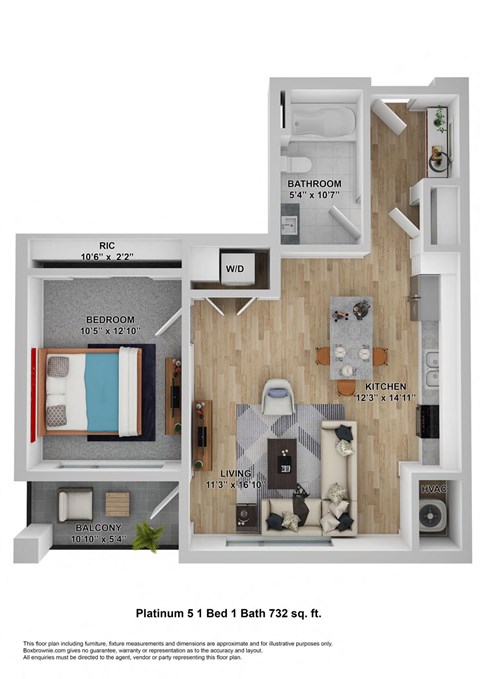 Floor plan for 1 bed, 1 bath, 732 sqft