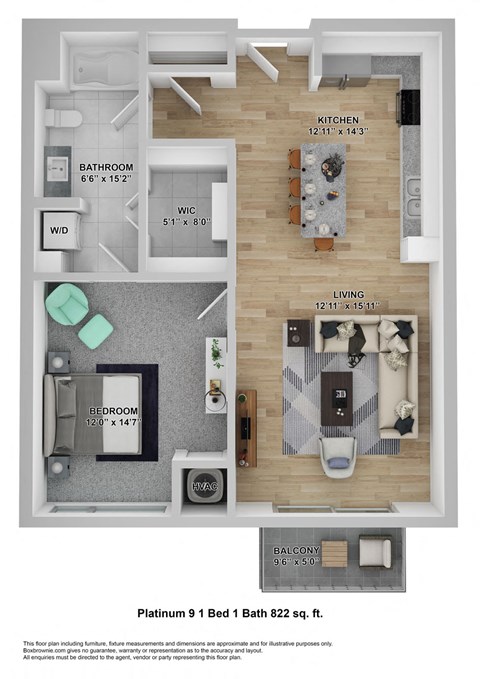 Floor plan for 1 bed, 1 bath, 822 sqft