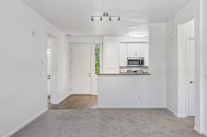 Petaluma apartment for rent - A spacious room with a grey carpet and a kitchen area with a microwave and oven.