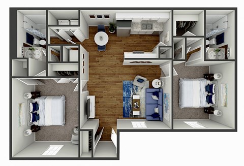 Floor plan for 2 beds, 2 baths, 916 sqft