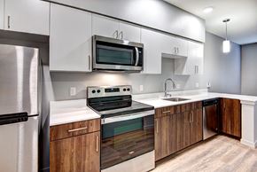 Bothell apartment for rent - Pet-Friendly Apartments In Bothell, WA - 98th Avenue - Modern Kitchen with Stainless Steel Appliances, Quartz Countertops, Luxury Vinyl Plank Flooring, Dishwasher, Refrigerator with Ice Maker, And Designer Cabinets