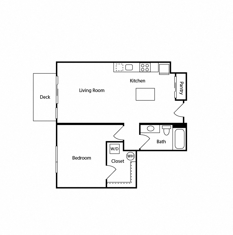 Floor plan for 1 bed, 1 bath, 714 sqft