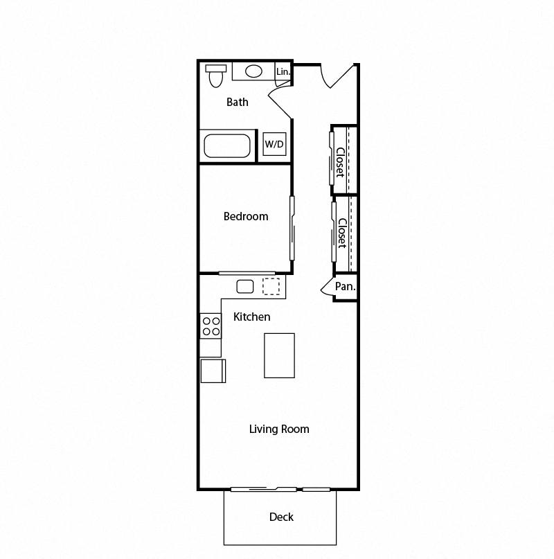 Floor plan for 1 bed, 1 bath, 596 sqft
