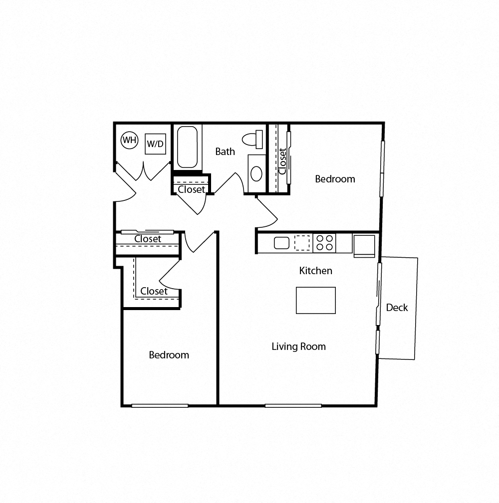 Floor plan for 2 beds, 1 bath, 810 sqft
