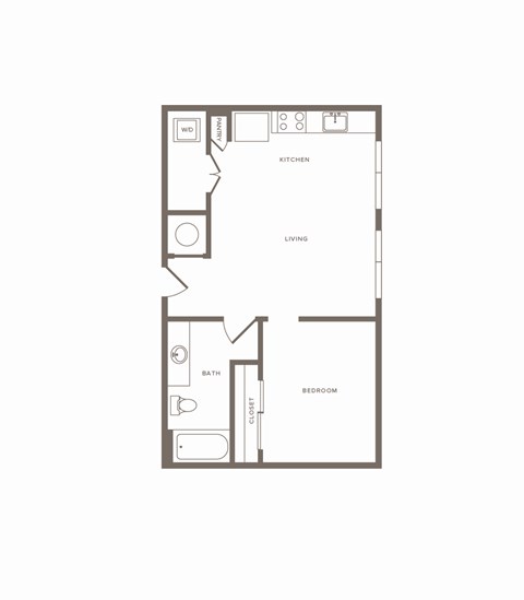 Floor plan for 1 bed, 1 bath, 599 sqft
