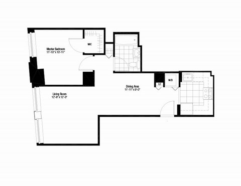 Floor plan for 1 bed, 1 bath, 638 sqft