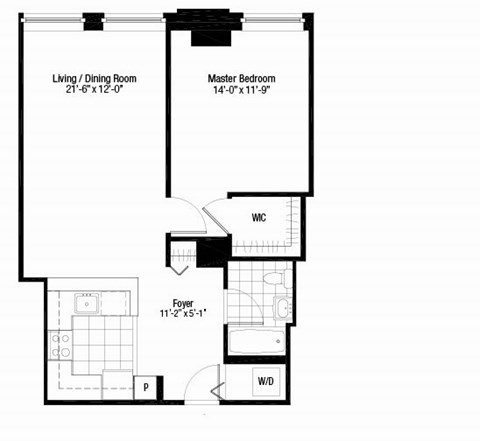 Floor plan for 1 bed, 1 bath, 715 sqft