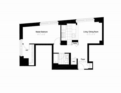 Floor plan for 1 bed, 1 bath, 684 sqft