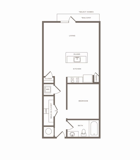 Floor plan for studio, 1 bath, 727 sqft