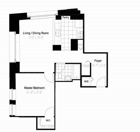 Floor plan for 1 bed, 1 bath, 704 sqft